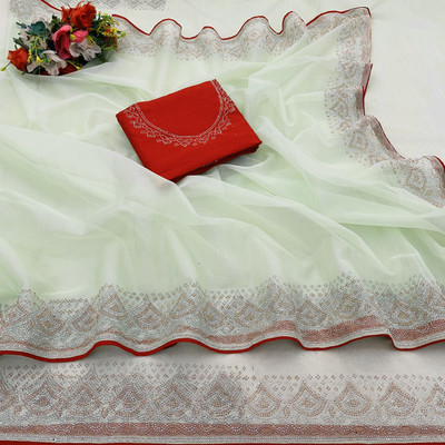 HouseOfCommon Embellished, Solid/Plain Bollywood Supernet Saree(Light Green)