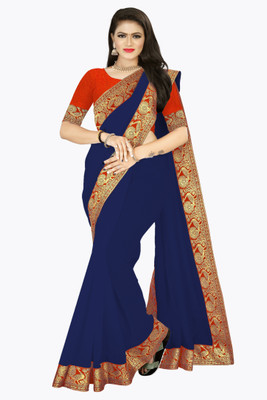 Volmina Solid/Plain Chanderi Cotton Blend Saree(Dark Blue)