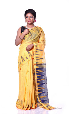 BongAp Self Design Tant Cotton Silk Saree(Dark Blue, Yellow)