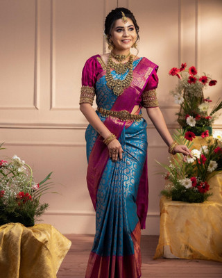 blazik Floral Print Kanjivaram Art Silk Saree(Blue)
