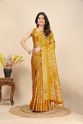 J6 Designers Self Design, Checkered, Printed Bollywood Cotton Silk Saree(Yellow)