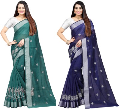 Indian Fashionista Embroidered Bollywood Cotton Silk Saree(Pack of 2, Blue)