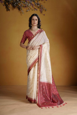 DRAVYA WOMEN Woven, Paisley, Self Design Handloom Jacquard, Art Silk Saree(Cream)
