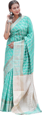 mynok Woven, Floral Print, Self Design Handloom Handloom Cotton Silk Saree(Light Green)
