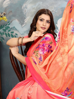 zamuna Floral Print, Digital Print Daily Wear Georgette Saree(Orange)