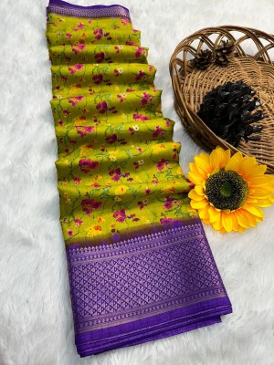 JAHANVI FASHION Floral Print Assam Silk Tussar Silk Saree(Yellow)