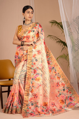 WISHLIST Digital Print Handloom Cotton Blend Saree(Mustard)