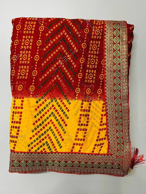 Laxmi Fashion Paisley, Printed Bandhani Jacquard, Cotton Silk Saree(Red, Yellow)