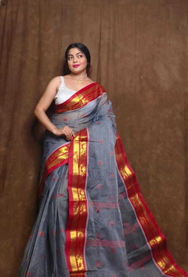 SUDIPTO SAREE HUB Printed Tant Handloom Pure Cotton Saree(Grey)