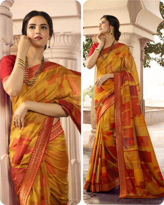 V And V Shop Printed Bollywood Georgette Saree(Yellow)