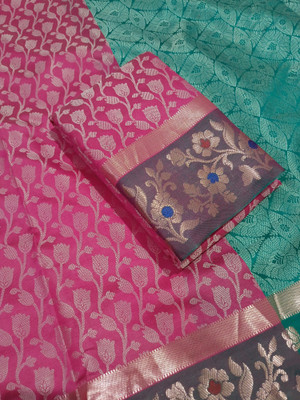PearlFabrics Woven, Self Design Banarasi Cotton Silk Saree(Pink, Green)