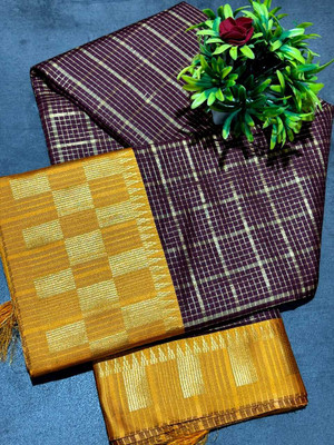 JbWorld Self Design, Woven, Checkered Chettinadu Cotton Silk, Pure Silk Saree(Maroon, Yellow)