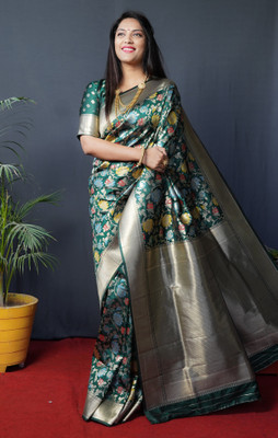 MOGHIBA CLOTHING Woven Kanjivaram Silk Blend Saree(Dark Green)