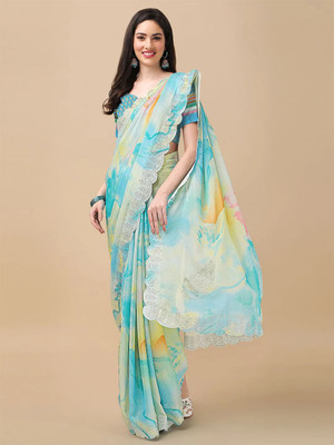 RAJESHWAR FASHION Color Block, Printed Bollywood Chiffon Saree(Light Blue, Multicolor)