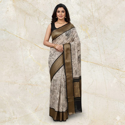 AAJTRENDS Printed Bollywood Cotton Blend Saree(Cream, Black)