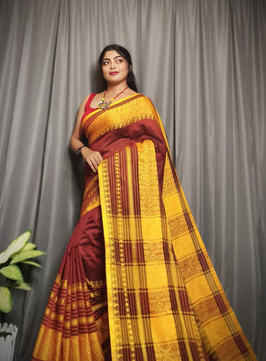 PRANATI ENTERPRISE Printed Handloom Linen Saree(Maroon, Yellow)