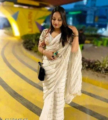 BHIKS RR Embellished Bollywood Georgette Saree(White)