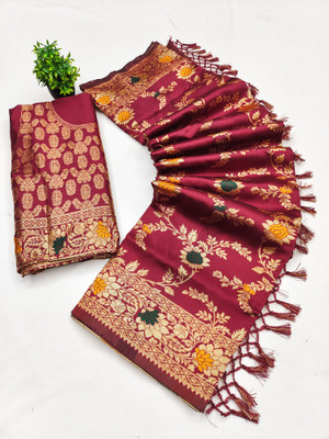 AdhayaFashion Woven, Self Design, Floral Print, Paisley Banarasi Jacquard Saree(Maroon)