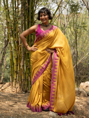 JHIILU Woven, Solid/Plain Handloom Cotton Blend Saree(Yellow)