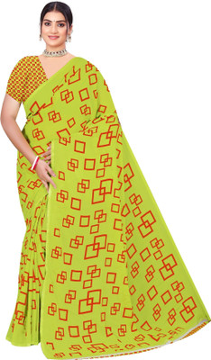 INDONIQ Checkered, Geometric Print Daily Wear Chiffon, Georgette Saree(Pack of 2, Green)