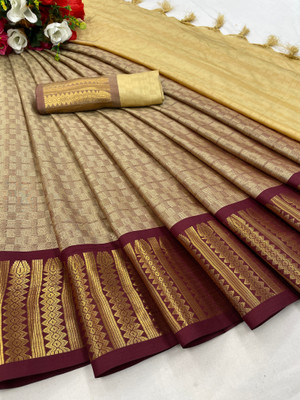 KanjiQueen Woven Banarasi Cotton Blend Saree(Gold, Beige)