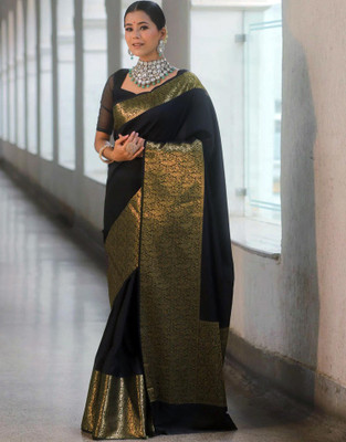 Anmi Woven, Embellished Kanjivaram Jacquard, Silk Blend Saree(Gold, Black)