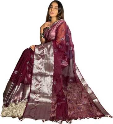 HEERI Embroidered Banarasi Organza Saree(Maroon)