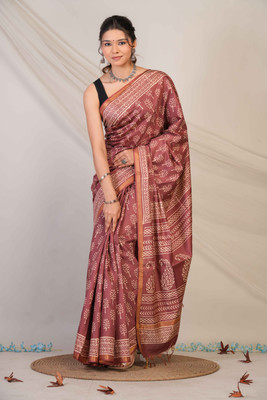 Anuttara Floral Print Saree with Attached Blouse Cotton Silk Saree(Brown)