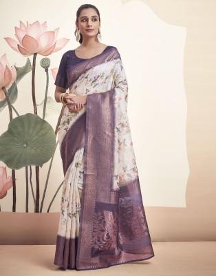 Samah Woven, Floral Print, Printed Banarasi Cotton Blend, Jacquard Saree(Beige, Purple, Multicolor)