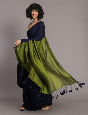 bm creation Color Block Handloom Pure Cotton Saree(Dark Blue)