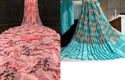 HouseOfCommon Floral Print Bollywood Georgette Saree(Pack of 2, Pink)
