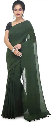 BongSaree Solid/Plain Handloom Handloom Cotton Blend Saree(Dark Green)