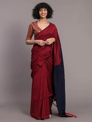 BongAp Color Block Daily Wear Cotton Blend Saree(Maroon, Blue)