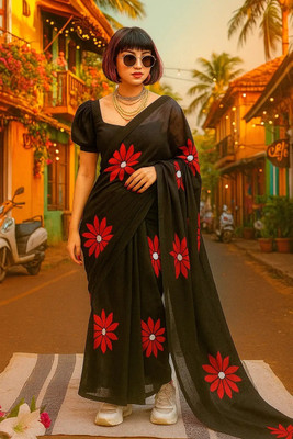 Vleez Floral Print Handloom Pure Cotton Saree(Black)