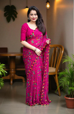 Adroit Management Printed Bollywood Chiffon Saree(Pink)