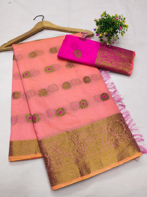 VAKHARIYAFAB Temple Border Banarasi Cotton Silk, Pure Silk Saree(Orange)