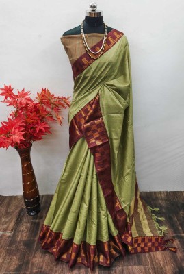 EN Creation Checkered, Embellished, Self Design, Temple Border, Woven Chettinadu Cotton Silk, Jacquard Saree(Light Green)