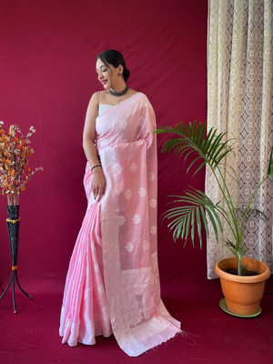 SGF11 Self Design Handloom Cotton Linen Saree(Pink)