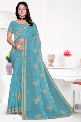 Shreejiimpexx Embroidered Bollywood Pure Cotton Saree(Light Blue)