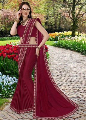Anugrah Textile Solid/Plain Banarasi Lycra Blend, Chiffon Saree(Maroon)