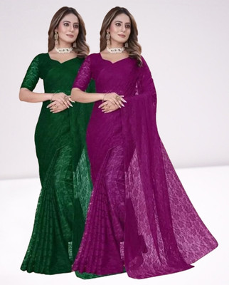 Vragi Floral Print Bollywood Net Saree(Pack of 2, Multicolor)