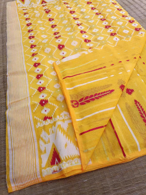 Dristikone Woven Jamdani Pure Cotton Saree(Yellow)