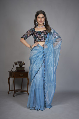 KV Fashion Solid/Plain Bollywood Organza Saree(Light Blue)