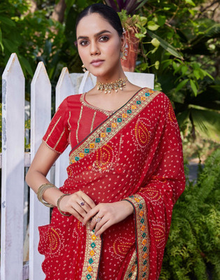 Satrani Printed, Embroidered, Embellished Bandhani Georgette, Chiffon Saree(Red)