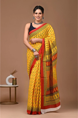 Tetarwal Floral Print Daily Wear Pure Cotton Saree(Yellow)