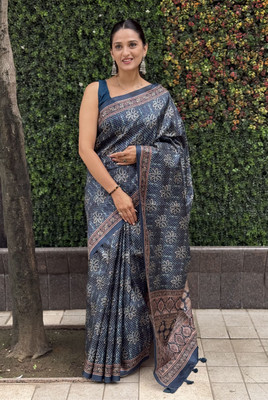 VASTRA VILLA Polka Print Bollywood Silk Blend Saree(Blue)