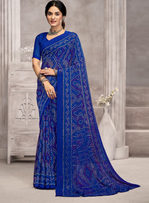 Swarne Geometric Print Bandhani Chiffon Saree(Blue)