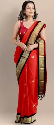 Hashir textile Striped, Temple Border Kanjivaram Cotton Silk Saree(Orange)