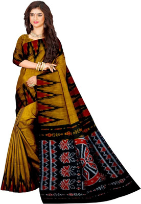 Bhadra Shopping Store Temple Border Ikkat Viscose Rayon, Cotton Blend Saree(Mustard)