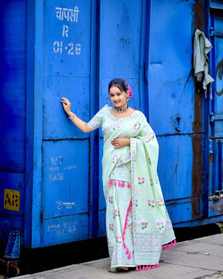 YINATZ KY GARCIA CREATION Printed Mekhela Chador Cotton Silk Saree(Multicolor)
